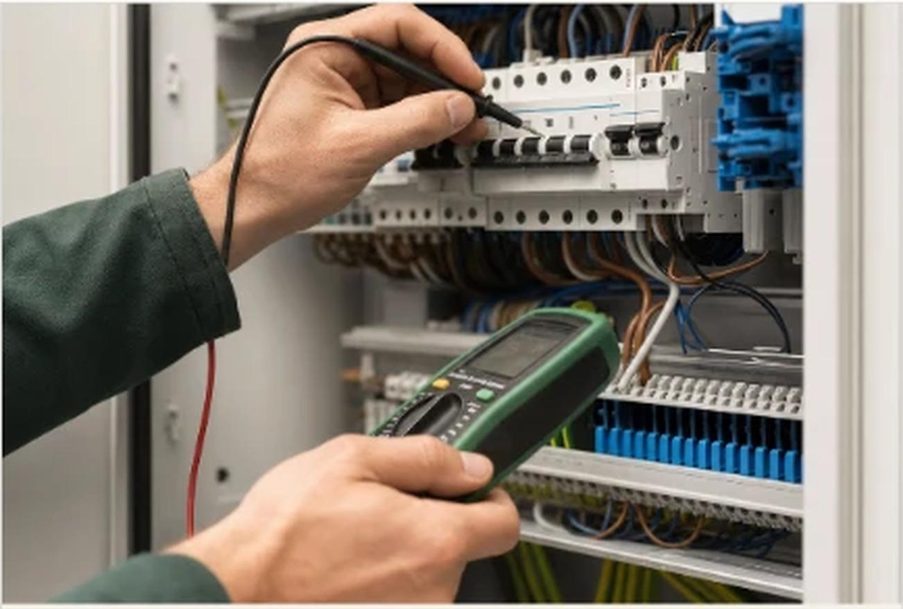 Elektriker prüft einen modernen Verteilerkasten mit einem Messgerät