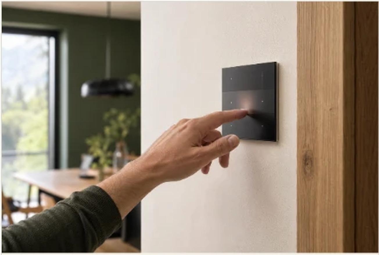 Hand bedient einen Smart-Home-Taster an der Wand